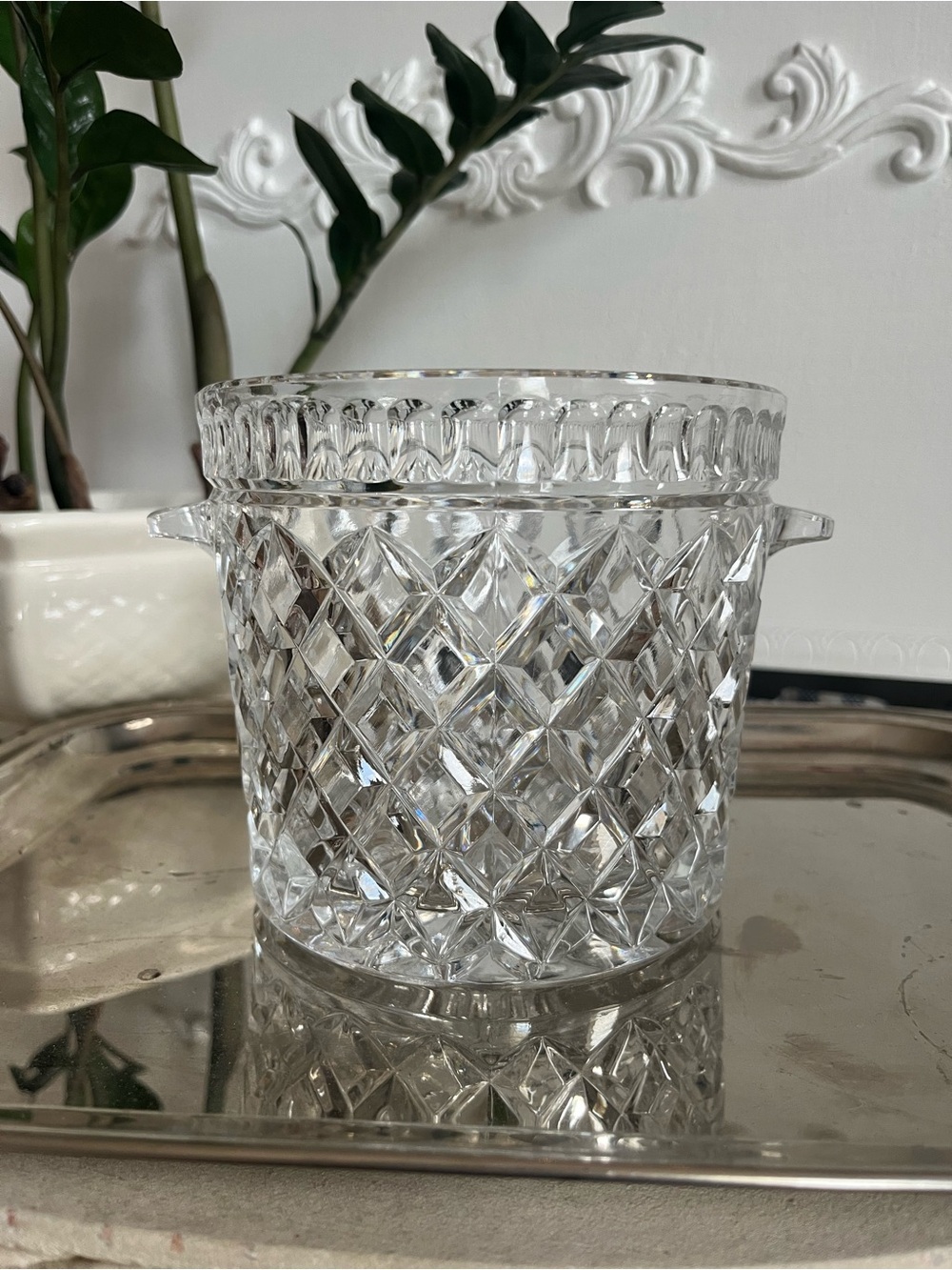 Unique Vintage Clear Cut Glass Ice Bucket